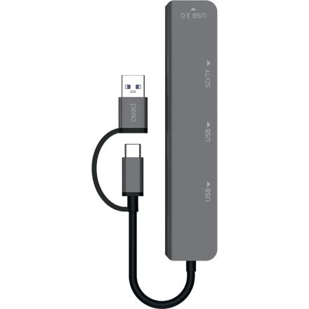 Разветвитель USB PERO MH05 USB-С/A TO SD+TF+USB 3.0+2xUSB 2.0 серый