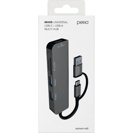Разветвитель USB PERO MH05 USB-С/A TO SD+TF+USB 3.0+2xUSB 2.0 серый