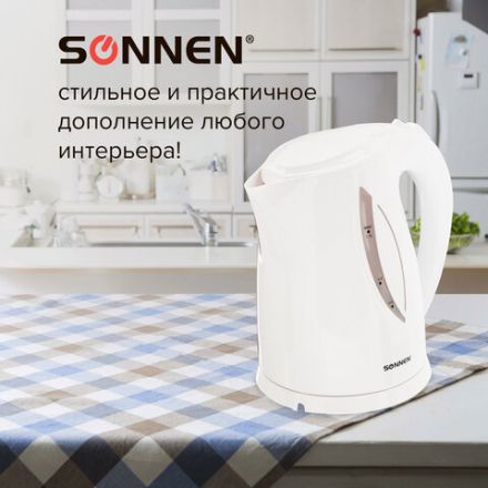 Чайник SONNEN KT-1758, 1,7 л, 2200 Вт, закрытый нагревательный элемент, пластик, белый, 453415