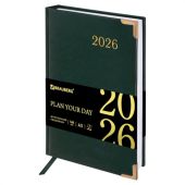 Ежедневник датированный 2026 А5 138x213мм BRAUBERG Senator, под кожу, зеленый, 117092