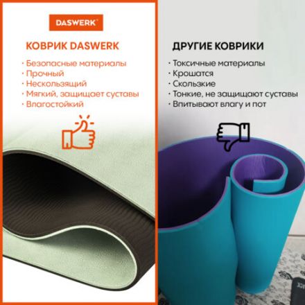 Коврик для йоги и фитнеса спортивный двухцветный, ТПЭ, 183x61x0,6 см, светло-зеленый/чёрный, DASWERK (ДАСВЕРК), 680031