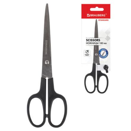 Ножницы BRAUBERG "Standard" 180 мм, черные, классической формы, 2-х сторонняя заточка, 237096