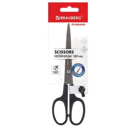 Ножницы BRAUBERG "Standard" 180 мм, черные, классической формы, 2-х сторонняя заточка, 237096