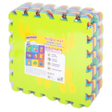 Коврик-пазл напольный 0,9х0,9 м мягкий "Зверушки", 9 частей 30х30 см, толщина 1 см, ЮНЛАНДИЯ, 664666