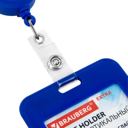 Бейдж вертикальный (85х54 мм), с рулеткой 70 см с клипом, СЛАЙДЕР, синий, BRAUBERG EXTRA, 238844