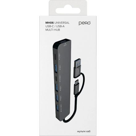 Разветвитель USB PERO MH06, USB-С/A TO 2xUSB-C+USB 3.0+4xUSB 2.0 серый Разветвитель USB PERO MH06, USB-С/A TO 2xUSB-C+USB 3.0+4xUSB 2.0 серый