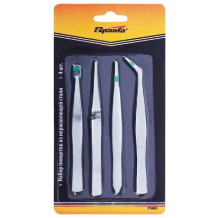Набор пинцетов из нержавеющей стали, 4 предмета, SPARTA, блистер, 914845 Набор пинцетов из нержавеющей стали, 4 предмета, SPARTA, блистер, 914845