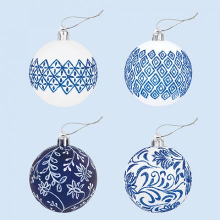 Шары ёлочные 4 шт., 6 см, "Узоры", пластик, цвет: синий/белый, ЗОЛОТАЯ СКАЗКА, 591130