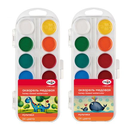Акварель Гамма "Мультики" NEW, медовая, 24 цвета, без кисти, пластик. упак., европодвес Акварель Гамма "Мультики" NEW, медовая, 24 цвета, без кисти, пластик. упак., европодвес