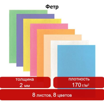 Цветной фетр МЯГКИЙ А4, 2 мм, 8 листов, 8 цветов, плотность 170 г/м2, пастельные цвета, ОСТРОВ СОКРОВИЩ, 660622