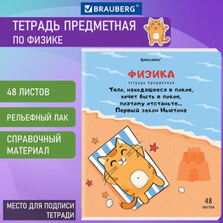 Тетрадь предметная "КОТ-ЭНТУЗИАСТ" 48 л., TWIN-лак, ФИЗИКА, клетка, подсказ, BRAUBERG, 404566