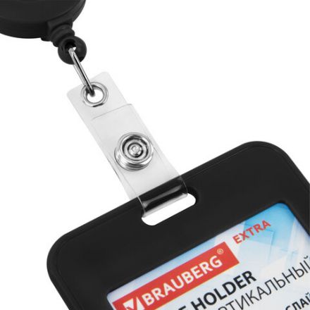 Бейдж вертикальный (85х54 мм), с рулеткой 70 см с клипом, СЛАЙДЕР, черный, BRAUBERG EXTRA, 238845