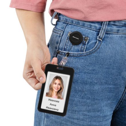 Бейдж вертикальный (85х54 мм), с рулеткой 70 см с клипом, СЛАЙДЕР, черный, BRAUBERG EXTRA, 238845