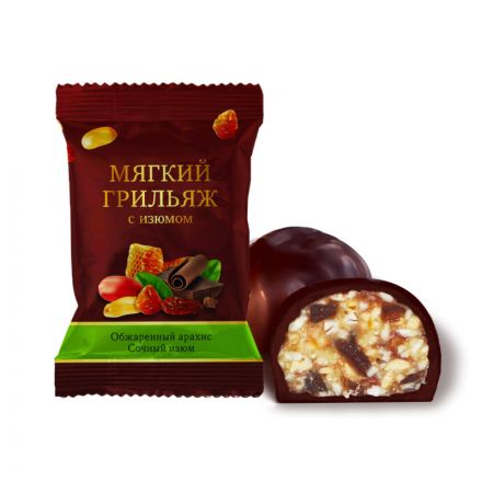 Конфеты шоколадные Мягкий грильяж с изюмом, 500г
