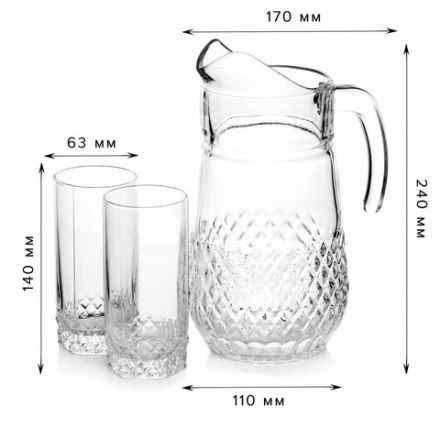 Набор столовый 7 предметов, кувшин 1250 мл + 6 стаканов 275 мл, стекло, PASABAHCE "ВАЛЬС", фирменная подарочная упаковка, 97675