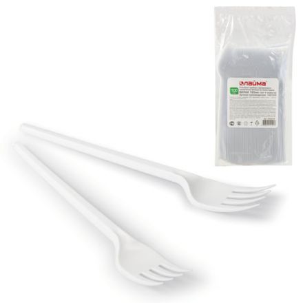 Вилка одноразовая пластиковая 165 мм, белая, КОМПЛЕКТ 100 шт., СТАНДАРТ, LAIMA, 603078