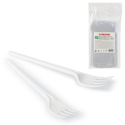 Вилка одноразовая пластиковая 165 мм, белая, КОМПЛЕКТ 100 шт., СТАНДАРТ, LAIMA, 603078