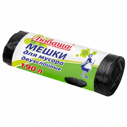 Мешки для мусора 190 л черные в рулоне 10 шт., ПВД 23 мкм, 90х120 см, ЛЮБАША "эконом ПЛЮС", 607681