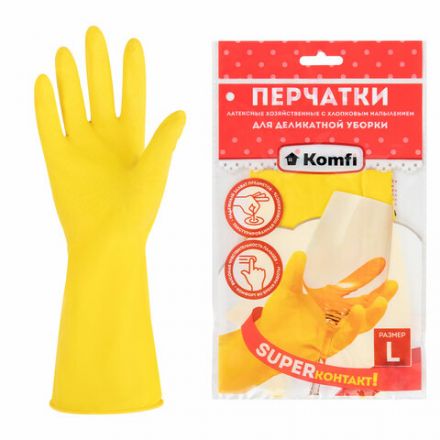 Перчатки МНОГОРАЗОВЫЕ латексные "Для деликатной уборки", размер 8-9, L (большой), вес 29 г, KOMFI, DGL018L Перчатки МНОГОРАЗОВЫЕ латексные "Для деликатной уборки", размер 8-9, L (большой), вес 29 г, KOMFI, DGL018L