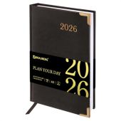 Ежедневник датированный 2026, А5, 138x213 мм, BRAUBERG "Senator", под кожу, черный, 117094