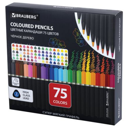 Карандаши цветные чёрное дерево BRAUBERG BLACK WOOD, 75 цветов, мягкий грифель 3 мм, 182044 Карандаши цветные чёрное дерево BRAUBERG BLACK WOOD, 75 цветов, мягкий грифель 3 мм, 182044