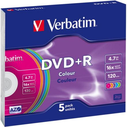 Носители информации DVD+R, 16x, Verbatim Colour, Slim/5, 43556