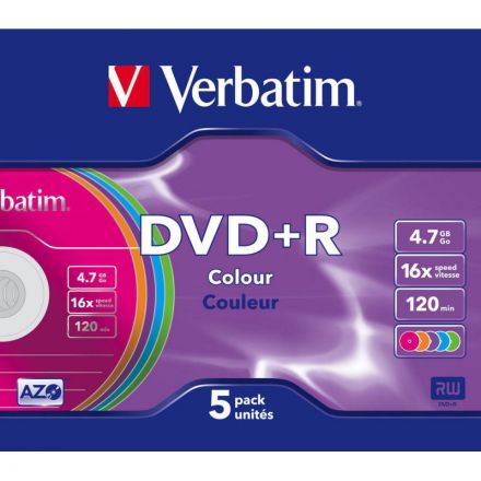 Носители информации DVD+R, 16x, Verbatim Colour, Slim/5, 43556