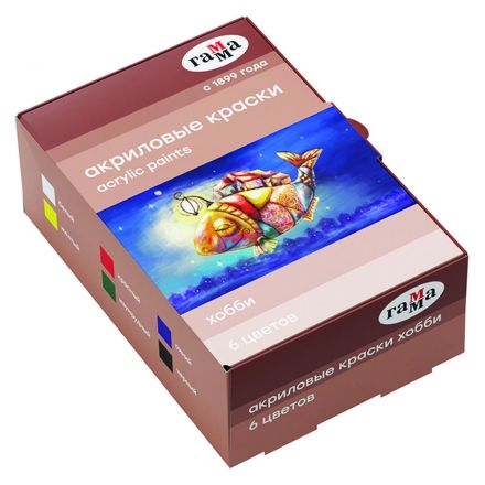 Краски акриловые декоративные Гамма "Хобби", 06 цветов, 20мл, картон. упаковка Краски акриловые декоративные Гамма "Хобби", 06 цветов, 20мл, картон. упаковка