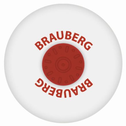 Ластик BRAUBERG "Universal", 30х30х8 мм, белый, круглый, красный пластиковый держатель, 222472