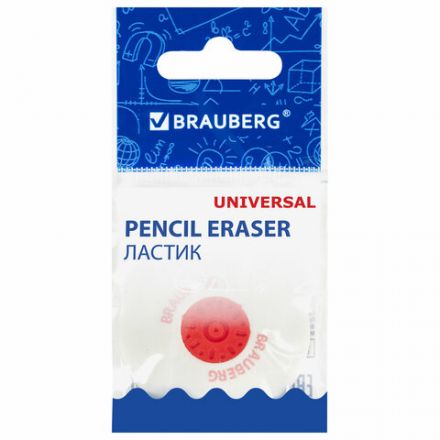 Ластик BRAUBERG "Universal", 30х30х8 мм, белый, круглый, красный пластиковый держатель, 222472