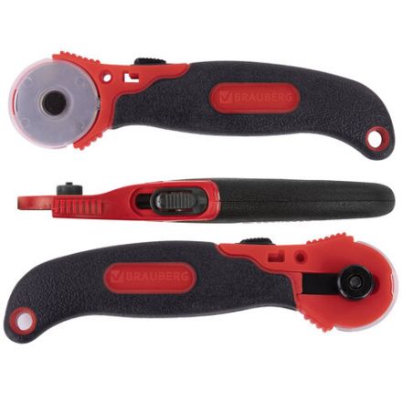 Нож раскройный роликовый 28 мм BRAUBERG, круглое лезвие, резиновые вставки, 238089 Нож раскройный роликовый 28 мм BRAUBERG, круглое лезвие, резиновые вставки, 238089