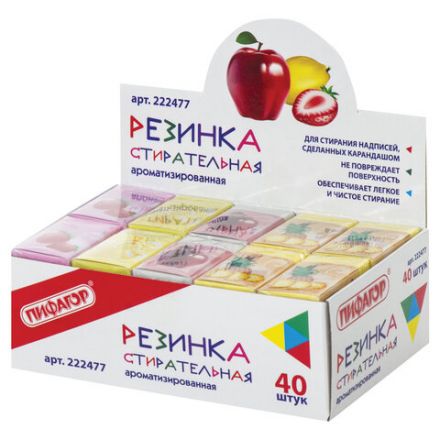 Ластик ПИФАГОР "Фрукты", 35х21х9 мм, ароматизированный, ассорти, картонный держатель, 222477