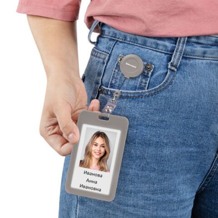 Бейдж вертикальный (85х54 мм), с рулеткой 70 см с клипом, СЛАЙДЕР, серый, BRAUBERG EXTRA, 238846