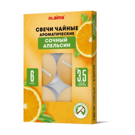 Свечи чайные ароматические в гильзе КОМПЛЕКТ 6 штук, до 3,5 часов горения, ассорти 4 аромата, LAIMA, 609977