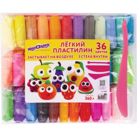 Пластилин супер легкий воздушный застывающий 36 цветов, 360 г, 3 стека, ЮНЛАНДИЯ, 105907