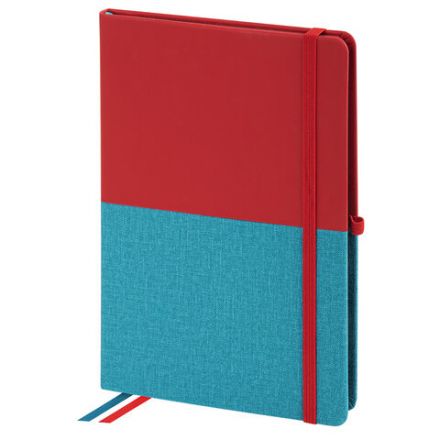 Блокнот А5 (148х218 мм), BRAUBERG "DUO", под кожу с резинкой 80 л., клетка, красный/бирюзовый, 113431