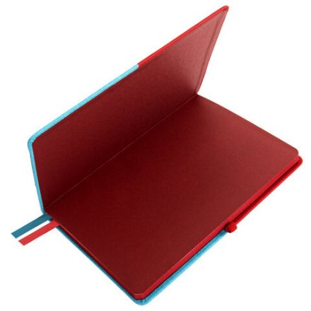 Блокнот А5 (148х218 мм), BRAUBERG "DUO", под кожу с резинкой 80 л., клетка, красный/бирюзовый, 113431