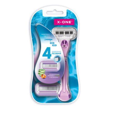 Бритвенный станок многоразовый женский, 4 лезвия, 2 кассеты, плавающая головка, X-ONE, 700018