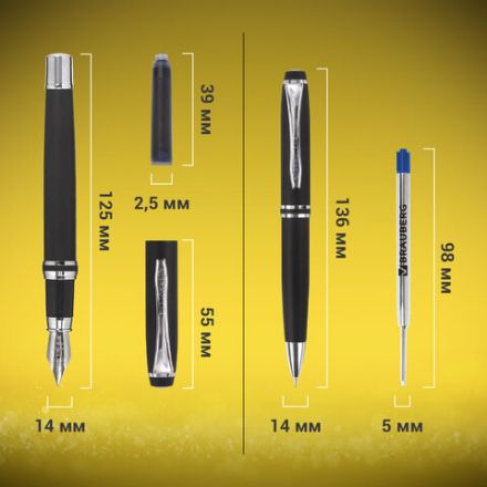 Набор ручек подарочных BRAUBERG Duetto, СИНИЕ, 2 шт.: шариковая, перьевая, черный с хромированными деталями, 143478