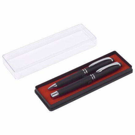 Набор ручек подарочных BRAUBERG Duetto, СИНИЕ, 2 шт.: шариковая, перьевая, черный с хромированными деталями, 143478