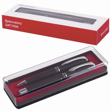 Набор ручек подарочных BRAUBERG Duetto, СИНИЕ, 2 шт.: шариковая, перьевая, черный с хромированными деталями, 143478