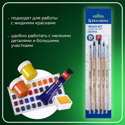 Кисти BRAUBERG, набор 5 шт. (белка, круглые № 1, 2, 3, 4, 5), блистер, 200217