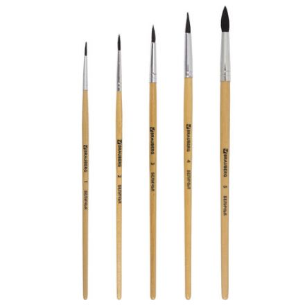 Кисти BRAUBERG, набор 5 шт. (белка, круглые № 1, 2, 3, 4, 5), блистер, 200217