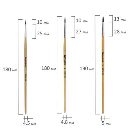 Кисти BRAUBERG, набор 5 шт. (белка, круглые № 1, 2, 3, 4, 5), блистер, 200217