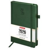 Ежедневник датированный 2026, А5, 138х213 мм, BRAUBERG "Plain", под кожу, резинка, держатель для ручки, темно-зеленый, 117507