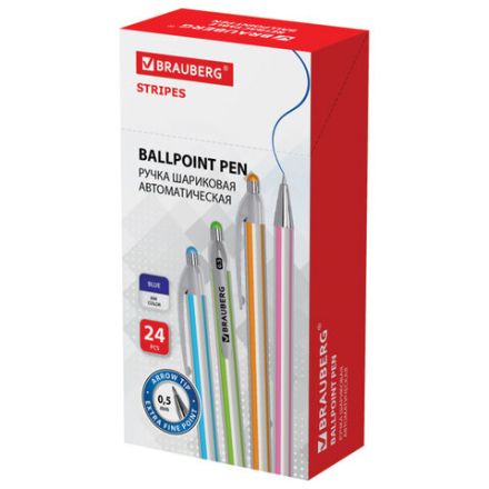 Ручка шариковая автоматическая BRAUBERG "Stripes", СИНЯЯ, корпус ассорти, пишущий узел 0,5 мм, линия письма 0,3 мм, 144219