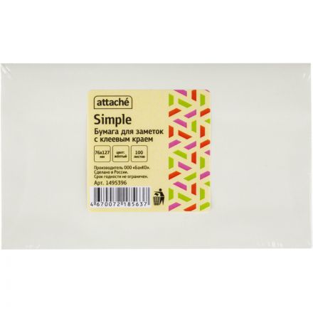 Стикеры Attache Simple 76х127 мм пастельные желтые (1 блок,100 листов)