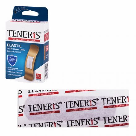Набор пластырей 20 шт. TENERIS ELASTIC, эластичный, на тканевой основе, бактерицидный с ионами серебра, коробка с европодвесом, 0208-029