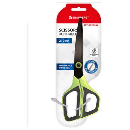 Ножницы BRAUBERG "JET Special", салатовые, 210 мм, 3-сторонняя заточка, тефлоновое покрытие, 238852