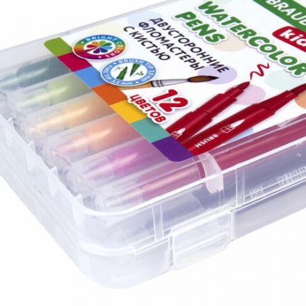 Фломастеры двусторонние с кистью 12 цветов (кисть/классический), СУПЕРКЕЙС, BRAUBERG KIDS, 152188 Фломастеры двусторонние с кистью 12 цветов (кисть/классический), СУПЕРКЕЙС, BRAUBERG KIDS, 152188